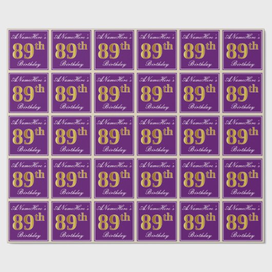 Papier Cadeau Elégant, pourpre, Faux Gold 89e anniversaire + Nom (Plat)
