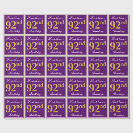 Papier Cadeau Elégant, pourpre, Faux Gold 92e anniversaire + Nom (Plat)
