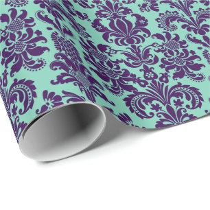 Papier Cadeau Élégant Purple Floral Damas Turquoise-vert dos