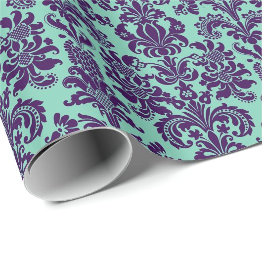 Papier Cadeau Élégant Purple Floral Damas Turquoise-vert dos (Coin rond)