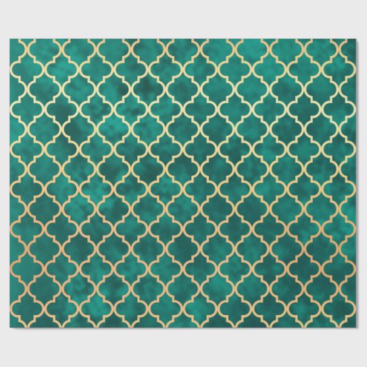 Papier Cadeau Élégant Quatrefoil Vert et Or Motif Art Déco (Plat)