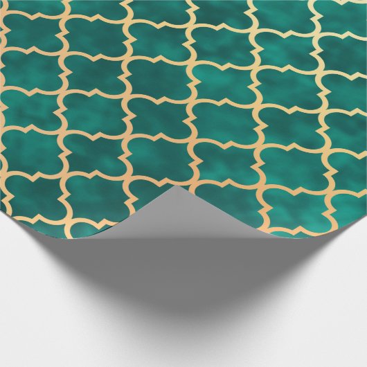 Papier Cadeau Élégant Quatrefoil Vert et Or Motif Art Déco (Coin)
