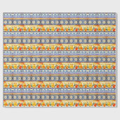 Papier Cadeau Élégant rayures bleu floral jaune (Plat)