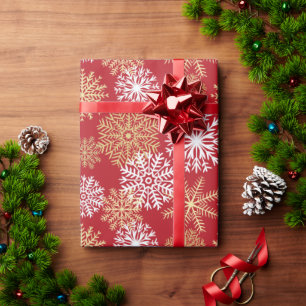 Papier Cadeau Élégant Red Gold Snowflakes Motif de vacances