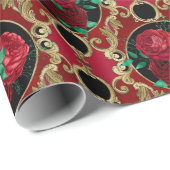 Papier Cadeau Élégant Red Green Floral Roses vacances (Coin rond)