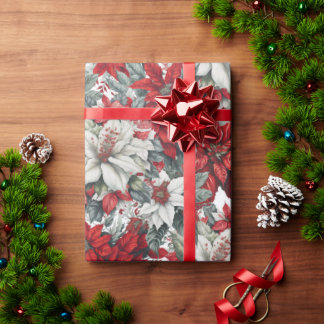 Papier Cadeau Elegant Red & White Poinsettia Christmas Floral