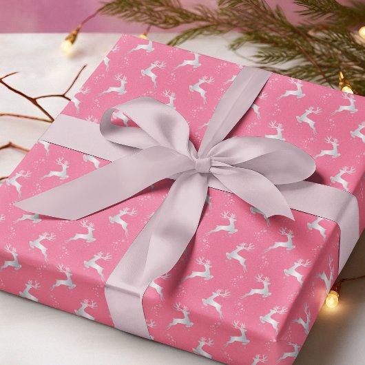 Papier Cadeau Élégant renne d'argent rose Noël