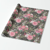 Papier Cadeau Élégant rose blanc noir Rose Floral (Déroulé)