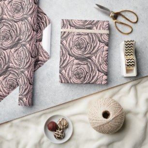 Papier Cadeau Élégant Rose botanique noir sur rose pâle