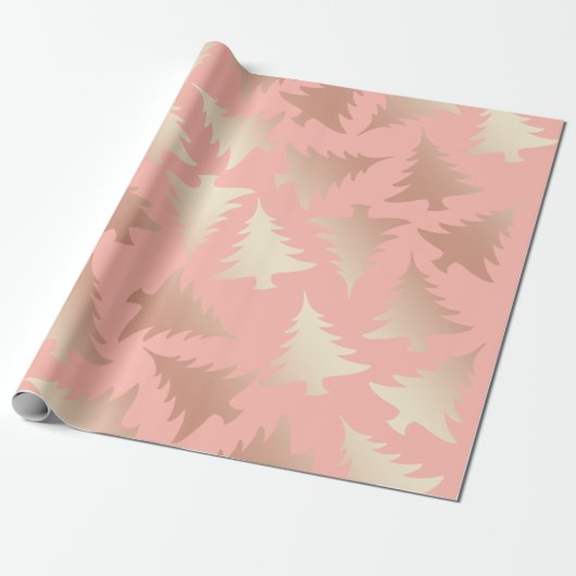 Papier Cadeau Élégant rose en cuivre or motif d'arbre de Noël (Déroulé)