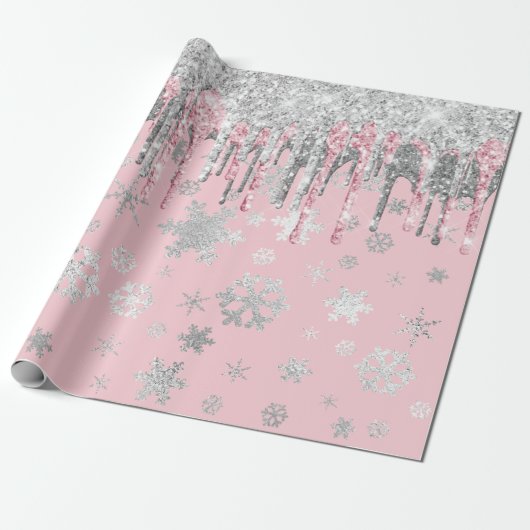 Papier Cadeau Élégant Rose Gold Silver Snowflakes Noël  (Déroulé)