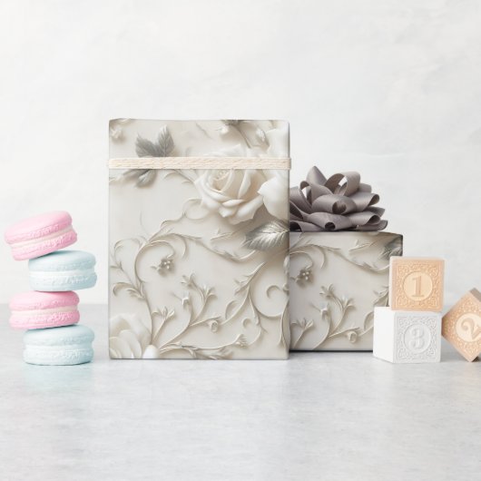 Papier Cadeau Elégant Rose ivoire avec design floral argent (Baby Shower)