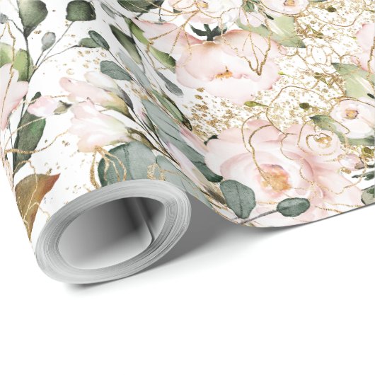 Papier Cadeau Élégant rose or fleuri eucalyptus or scintillants (Coin rond)