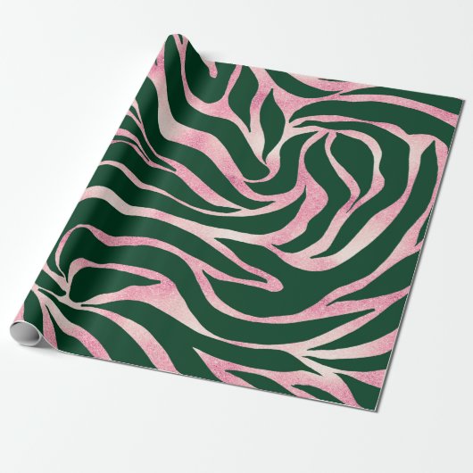 Papier Cadeau Elégant Rose vert Parties scintillant or Zebra (Déroulé)