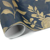 Papier Cadeau Elégant Roses d'or Floral Marine-Blue Design (Coin rond)