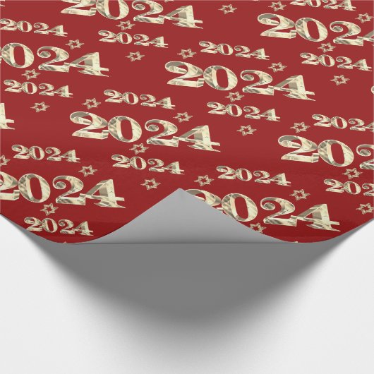 Papier Cadeau Elégant rouge et or chiffres Bonne année 2024 (Coin)
