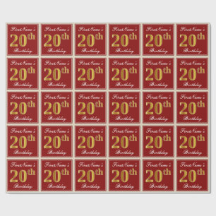 Papier Cadeau Elégant, Rouge, Faux Gold 20e anniversaire; Nom pe