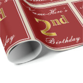 Papier Cadeau Elégant, Rouge, Faux Gold 2e anniversaire + Nom pe (Coin rond)