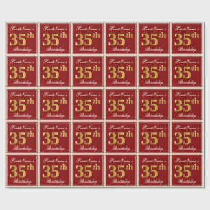 Papier Cadeau Elégant, Rouge, Faux Gold 35e anniversaire; Nom pe