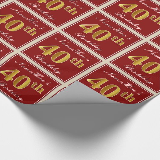 Papier Cadeau Elégant, Rouge, Faux Gold 40e Anniversaire; Nom pe (Coin)