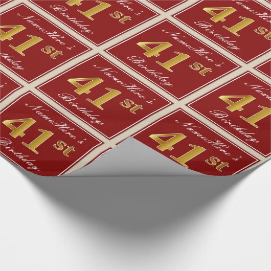 Papier Cadeau Elégant, Rouge, Faux Gold 41e anniversaire; Nom pe (Coin)