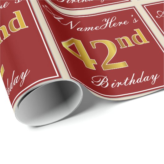 Papier Cadeau Elégant, Rouge, Faux Gold 42e anniversaire; Nom pe (Coin rond)