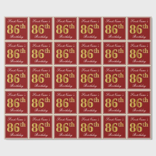 Papier Cadeau Elégant, Rouge, Faux Gold 86e anniversaire; Nom pe (Plat)
