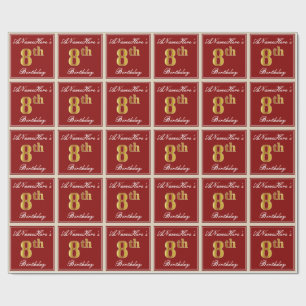 Papier Cadeau Elégant, Rouge, Faux Gold 8e anniversaire + Nom pe