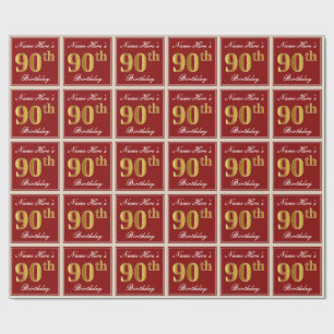 Papier Cadeau Elégant, Rouge, Faux Gold 90e anniversaire; Nom pe