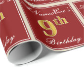 Papier Cadeau Elégant, Rouge, Faux Gold 9e anniversaire + Nom pe (Coin rond)