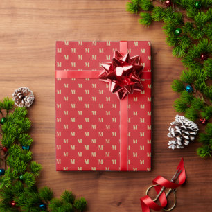 Papier Cadeau Élégant rouge foncé or personnalisé monogramme ini