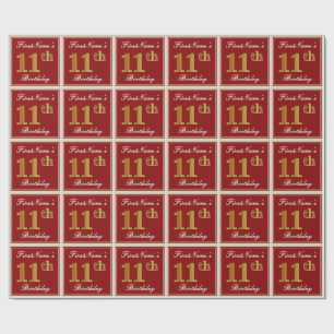 Papier Cadeau Élégant, Rouge, Or Faux 11e Anniversaire ; Nom Per