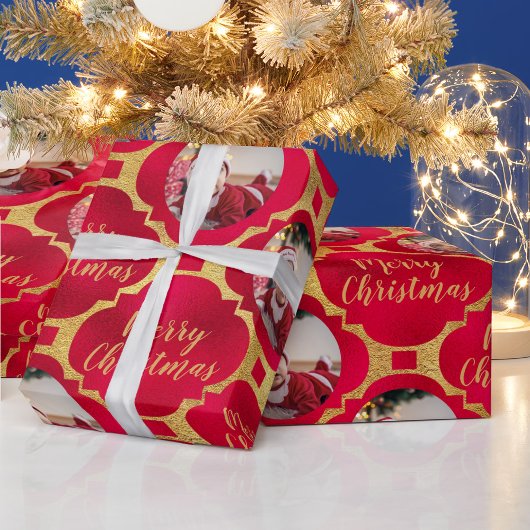 Papier Cadeau Elégant Rouge & Or Motif de Noël Baby Photo