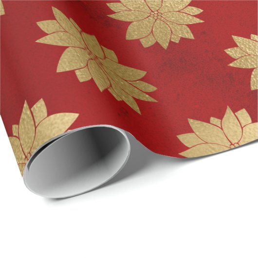 Papier Cadeau Elégant rouge & or motif fleur de Noël (Coin rond)