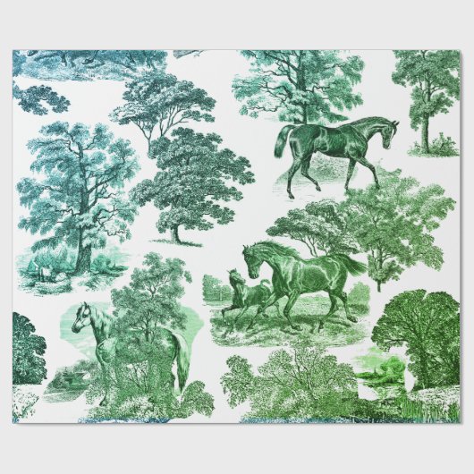 Papier Cadeau Elégant Rustique Horses Bleu Vert Toile (Plat)