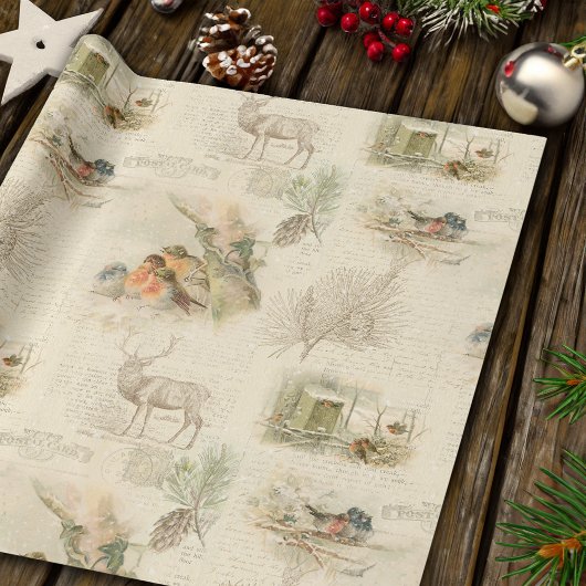 Papier Cadeau Élégant Rustique Vintage Noël Woodland Collage