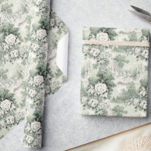 Papier Cadeau Elégant Sage Green Rose Toile Floral