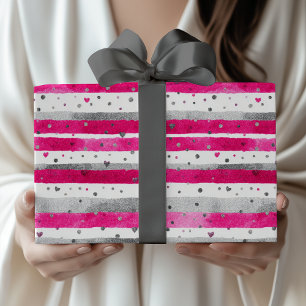 Papier Cadeau Élégant Saint-Valentin Rose Argent Cœurs sur Rayur