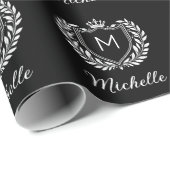 Papier Cadeau Élégant script Monogram Custom Luxe noir blanc (Coin rond)