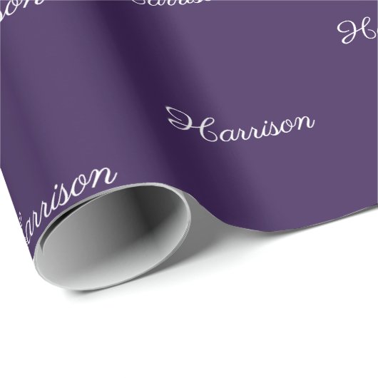 Papier Cadeau Élégant script violet foncé nom personnalisé anniv (Coin rond)