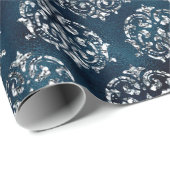 Papier Cadeau Élégant Silver Blue Damask Noël (Coin rond)