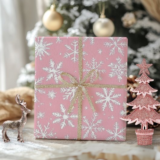 Papier Cadeau Élégant Snowflakes rose et blanc Vintage