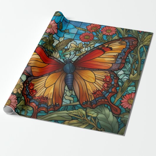 Papier Cadeau Elegant stain glass butterfly garden (Déroulé)
