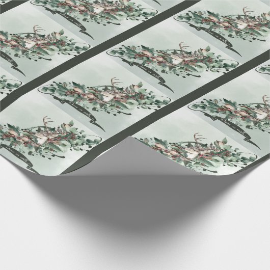 Papier Cadeau Elégant Swag verdoyant avec Cerf et Eucalyptus (Coin)