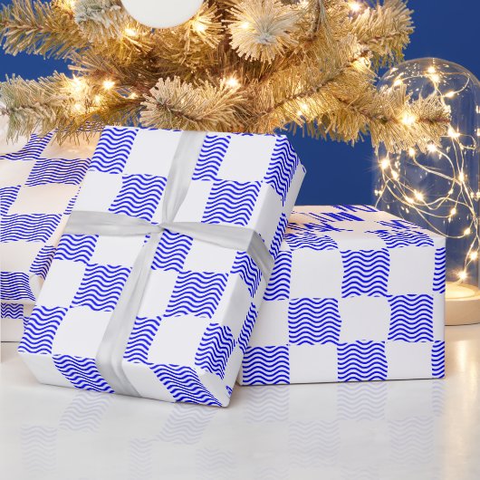 Papier Cadeau Elégant tableau en damier à vague bleue (Vacances)