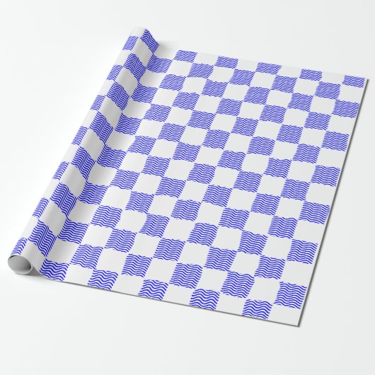Papier Cadeau Elégant tableau en damier à vague bleue (Déroulé)