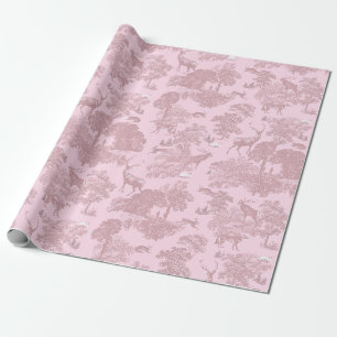 Papier Cadeau Élégant Toile de Jouy Rose Vintage Cerfs Forêt