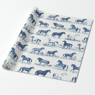 Papier Cadeau Élégant Toile Rustique Bleue Races de Chevaux