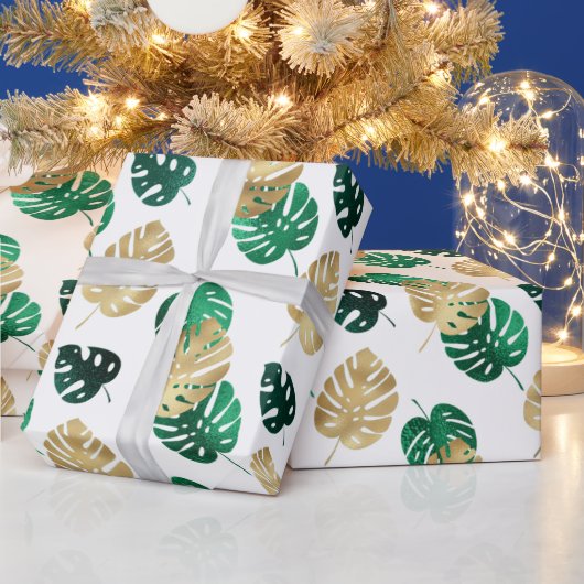 Papier Cadeau Elégant Tropical Gold & Green Monstera Feuilles (Vacances)