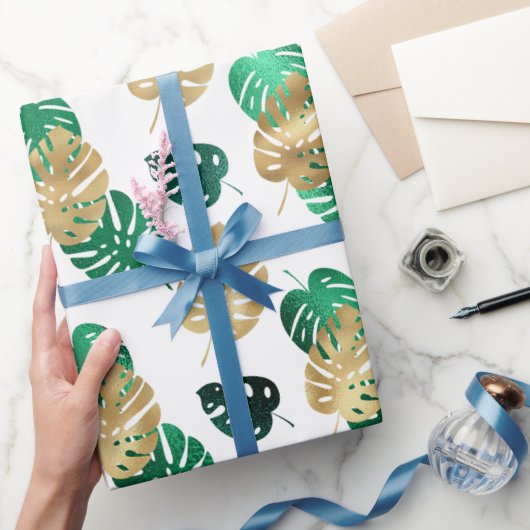 Papier Cadeau Elégant Tropical Gold & Green Monstera Feuilles (Cadeaux)